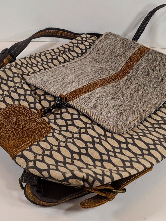 Myra Bag Grizzle Cowhide Upcycled Canvas Backpack Beige Brown Charcoal main image 9